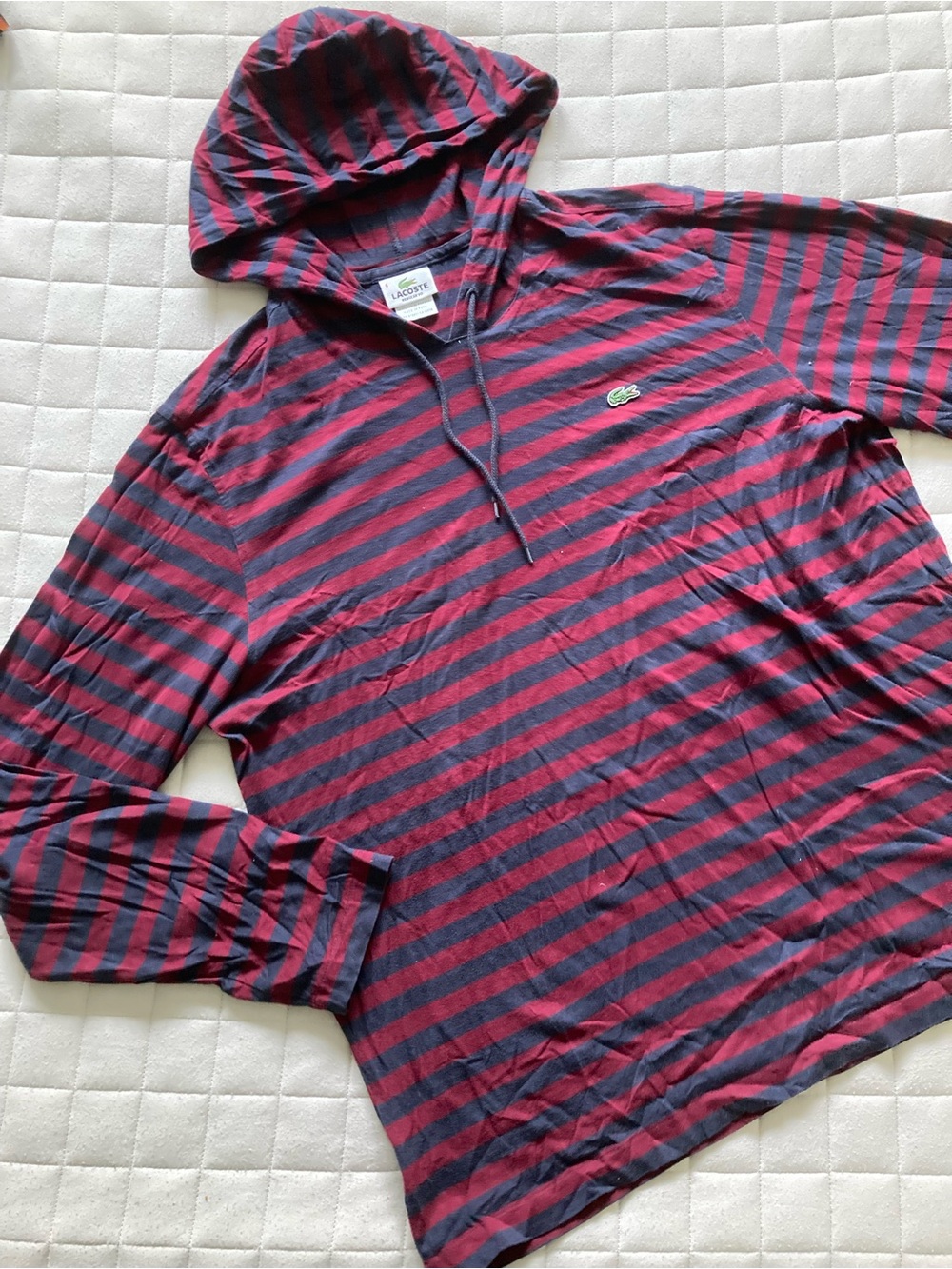 Lacoste Men’s Red and Navy Striped Hooded Crewneck Sweater